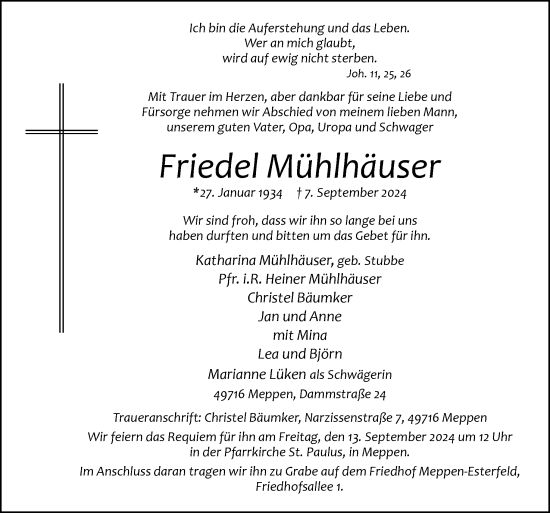 Traueranzeige von Friedel Mühlhäuser von Neue Osnabrücker Zeitung GmbH & Co. KG