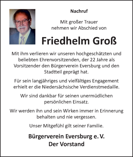 Traueranzeige von Friedhelm Groß von Neue Osnabrücker Zeitung GmbH & Co. KG