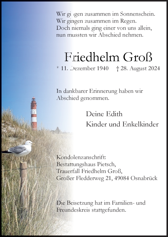 Traueranzeige von Friedhelm Groß von Neue Osnabrücker Zeitung GmbH & Co. KG