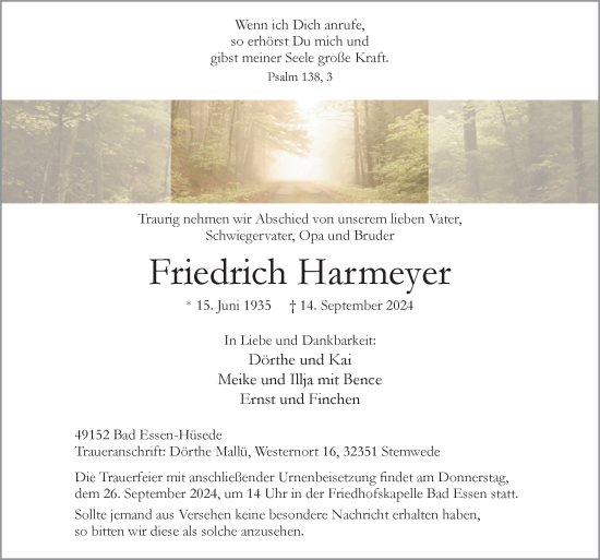 Traueranzeige von Friedrich Harmeyer von Neue Osnabrücker Zeitung GmbH & Co. KG