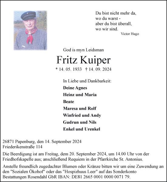 Traueranzeige von Fritz Kuiper von Neue Osnabrücker Zeitung GmbH & Co. KG