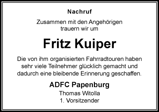 Traueranzeige von Fritz Kuiper von Neue Osnabrücker Zeitung GmbH & Co. KG