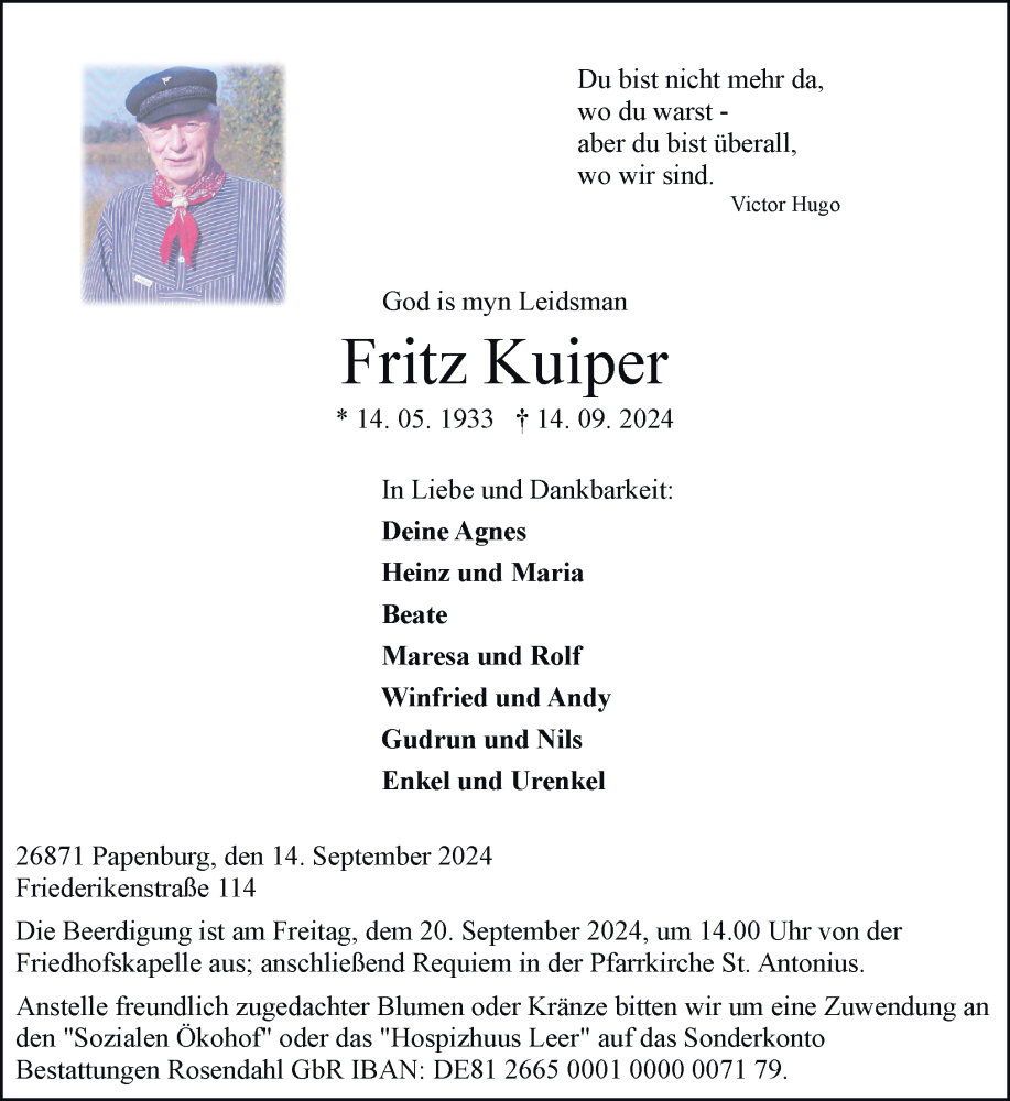  Traueranzeige für Fritz Kuiper vom 17.09.2024 aus Neue Osnabrücker Zeitung GmbH & Co. KG