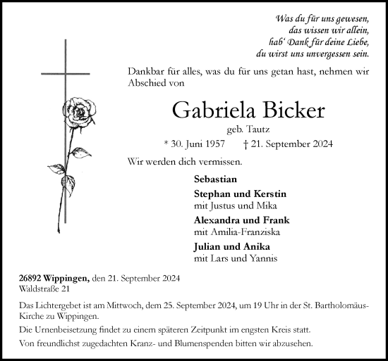 Traueranzeige von Gabriela Bicker von Neue Osnabrücker Zeitung GmbH & Co. KG