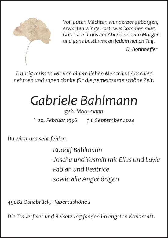 Traueranzeige von Gabriele Bahlmann von Neue Osnabrücker Zeitung GmbH & Co. KG