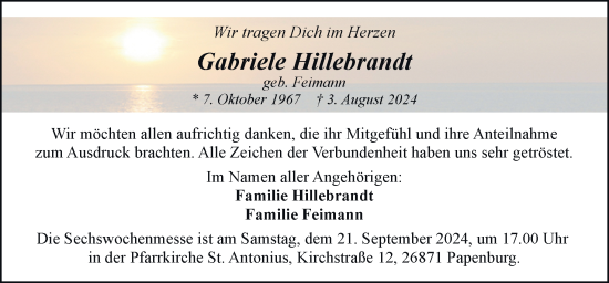 Traueranzeige von Gabriele Hillebrandt von Neue Osnabrücker Zeitung GmbH & Co. KG