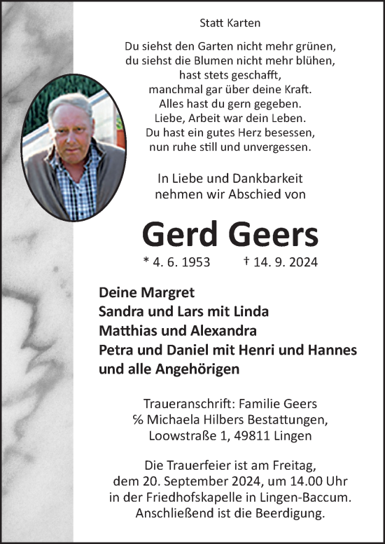 Traueranzeige von Gerd Geers von Neue Osnabrücker Zeitung GmbH & Co. KG