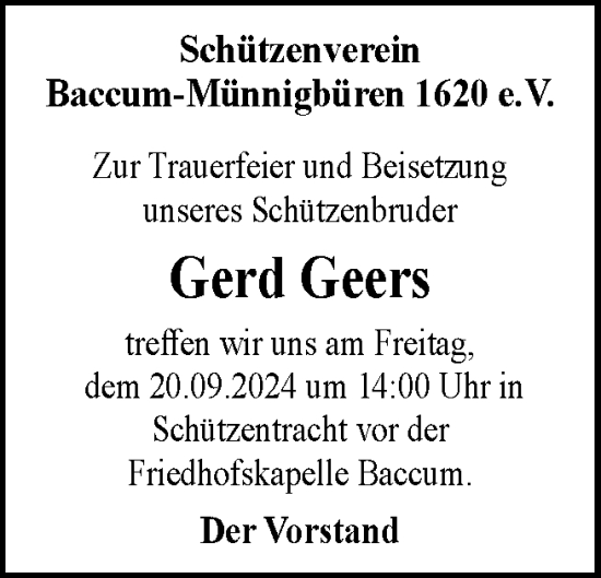 Traueranzeige von Gerd Geers von Neue Osnabrücker Zeitung GmbH & Co. KG