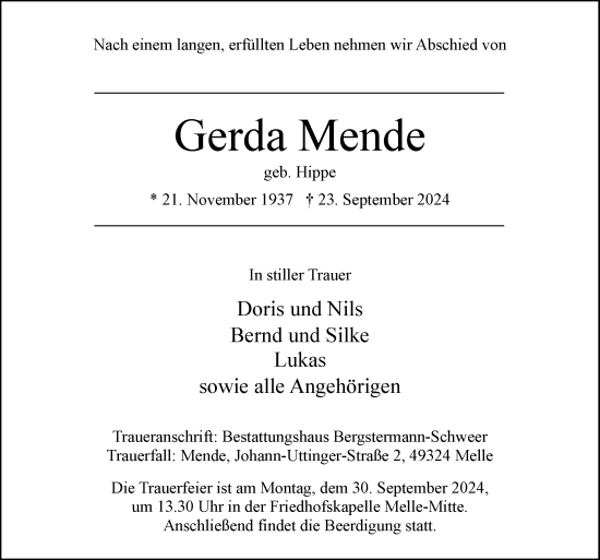 Traueranzeige von Gerda Mende von Neue Osnabrücker Zeitung GmbH & Co. KG