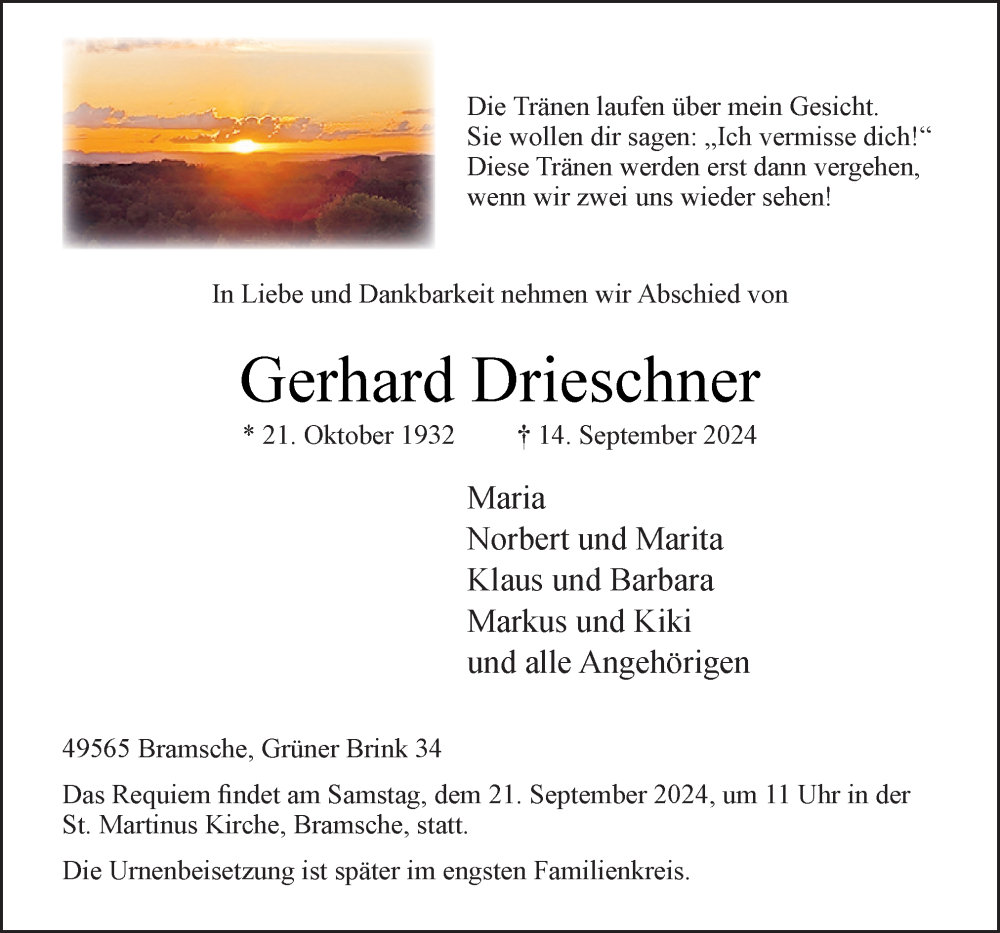  Traueranzeige für Gerhard Drieschner vom 19.09.2024 aus Neue Osnabrücker Zeitung GmbH & Co. KG