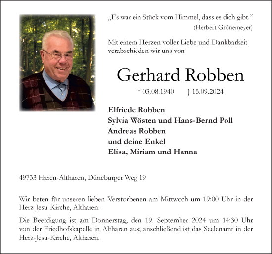 Traueranzeige von Gerhard Robben von Neue Osnabrücker Zeitung GmbH & Co. KG