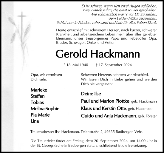 Traueranzeige von Gerold Hackmann von Neue Osnabrücker Zeitung GmbH & Co. KG