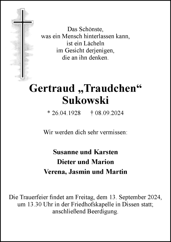 Traueranzeige von Gertraud Sukowski von Neue Osnabrücker Zeitung GmbH & Co. KG