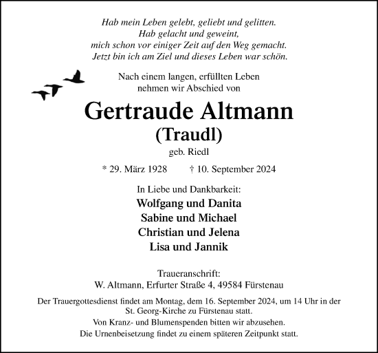 Traueranzeige von Gertraude Altmann von Neue Osnabrücker Zeitung GmbH & Co. KG