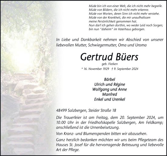 Traueranzeige von Gertrud Büers von Neue Osnabrücker Zeitung GmbH & Co. KG