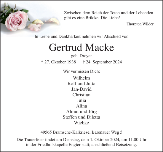 Traueranzeige von Gertrud Macke von Neue Osnabrücker Zeitung GmbH & Co. KG