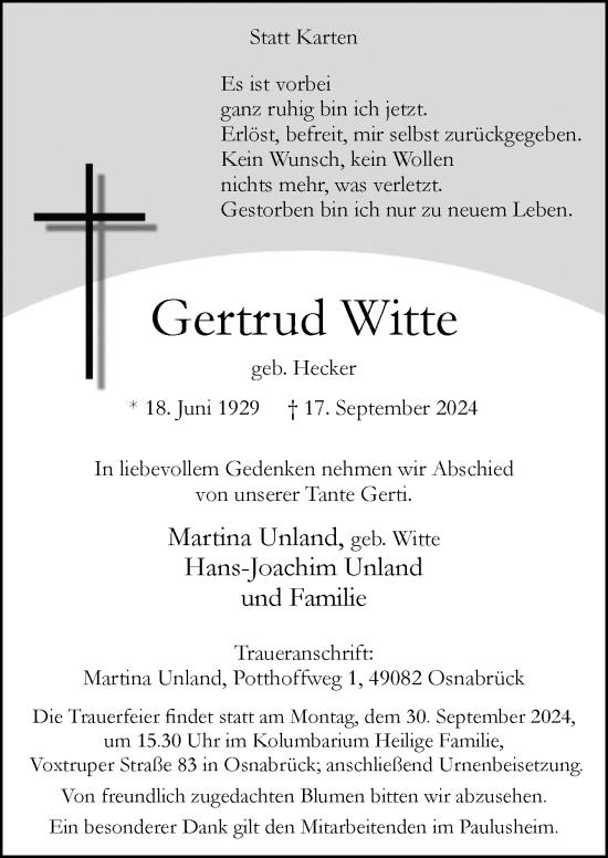 Traueranzeige von Gertrud Witte von Neue Osnabrücker Zeitung GmbH & Co. KG