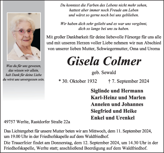 Traueranzeige von Gisela Colmer von Neue Osnabrücker Zeitung GmbH & Co. KG