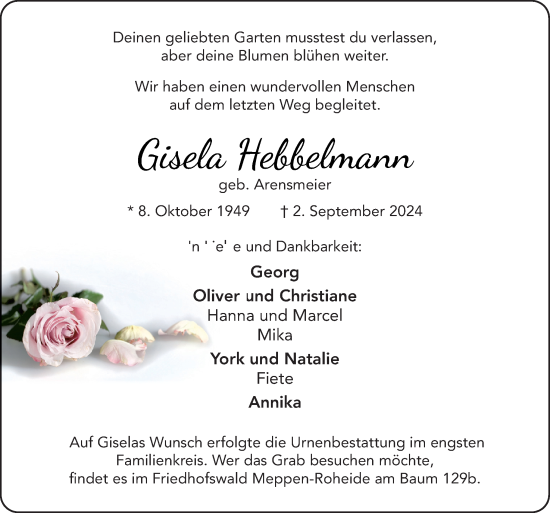 Traueranzeige von Gisela Hebbelmann von Neue Osnabrücker Zeitung GmbH & Co. KG