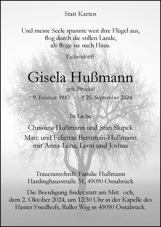 Traueranzeige von Gisela Hußmann von Neue Osnabrücker Zeitung GmbH & Co. KG