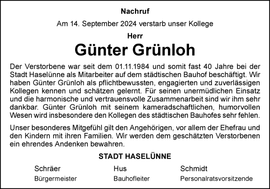 Traueranzeige von Günter Grünloh von Neue Osnabrücker Zeitung GmbH & Co. KG