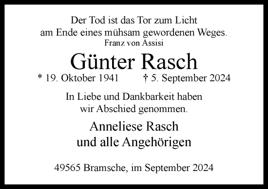 Traueranzeige von Günter Rasch von Neue Osnabrücker Zeitung GmbH & Co. KG