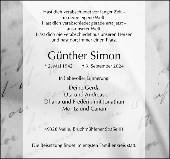 Traueranzeige von Günther Simon von Neue Osnabrücker Zeitung GmbH & Co. KG