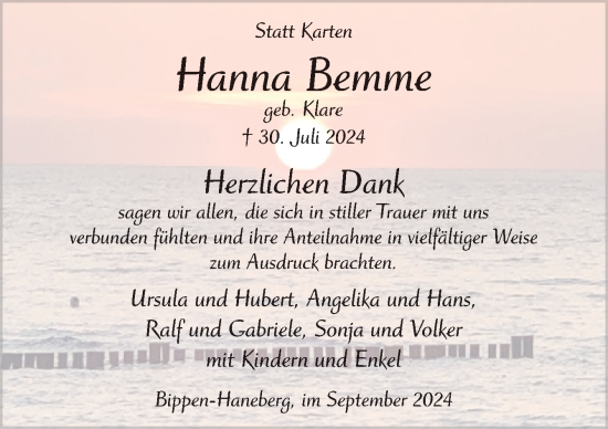 Traueranzeige von Hanna Bemme von Neue Osnabrücker Zeitung GmbH & Co. KG