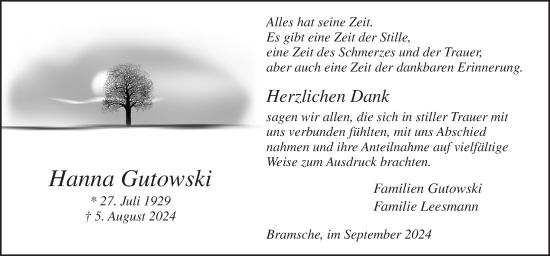 Traueranzeige von Hanna Gutowski von Neue Osnabrücker Zeitung GmbH & Co. KG