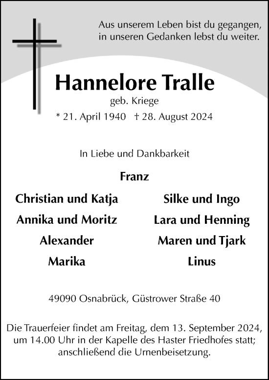 Traueranzeige von Hannelore Tralle von Neue Osnabrücker Zeitung GmbH & Co. KG