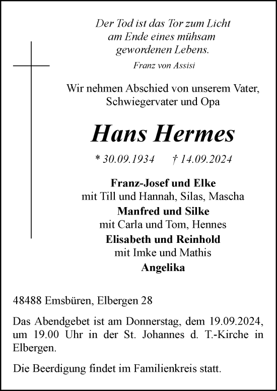 Traueranzeige von Hans Hermes von Neue Osnabrücker Zeitung GmbH & Co. KG