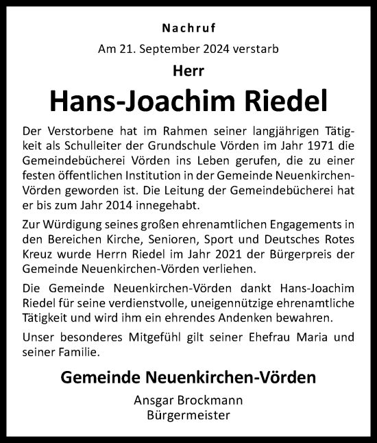 Traueranzeige von Hans-Joachim Riedel von Neue Osnabrücker Zeitung GmbH & Co. KG