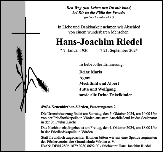 Traueranzeige von Hans-Joachim Riedel von Neue Osnabrücker Zeitung GmbH & Co. KG