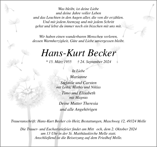 Traueranzeige von Hans-Kurt Becker von Neue Osnabrücker Zeitung GmbH & Co. KG