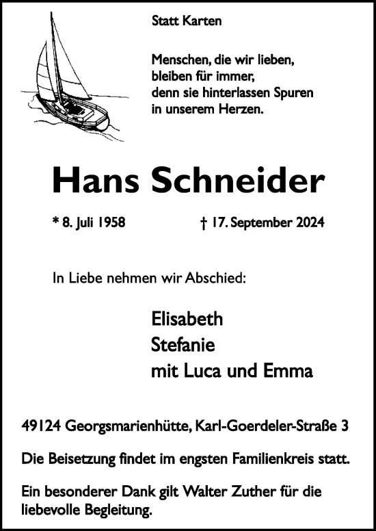 Traueranzeige von Hans Schneider von Neue Osnabrücker Zeitung GmbH & Co. KG