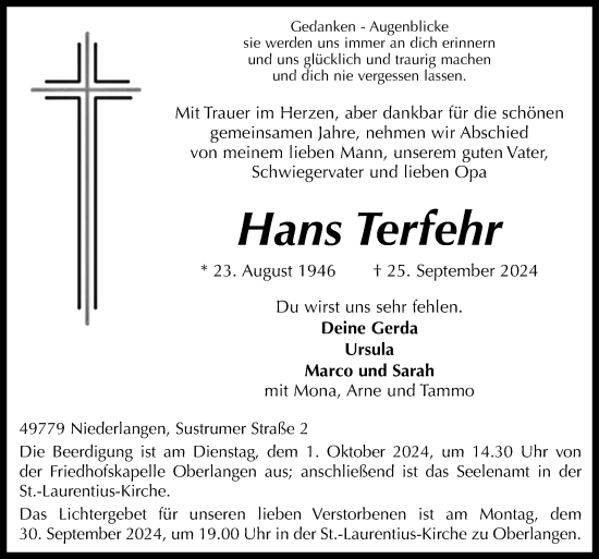 Traueranzeige von Hans Terfehr von Neue Osnabrücker Zeitung GmbH & Co. KG