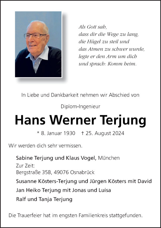 Traueranzeige von Hans Werner Terjung von Neue Osnabrücker Zeitung GmbH & Co. KG