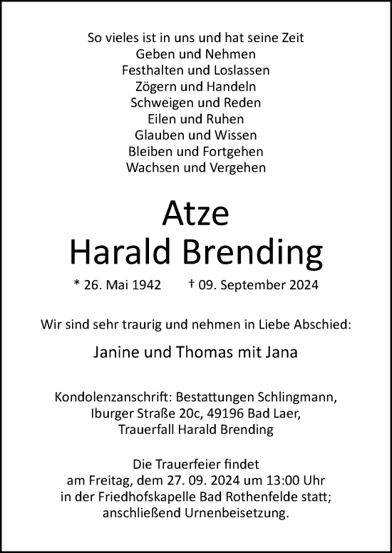 Traueranzeige von Harald Brending von Neue Osnabrücker Zeitung GmbH & Co. KG