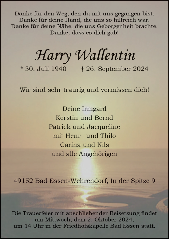 Traueranzeige von Harry Wallentin von Neue Osnabrücker Zeitung GmbH & Co. KG