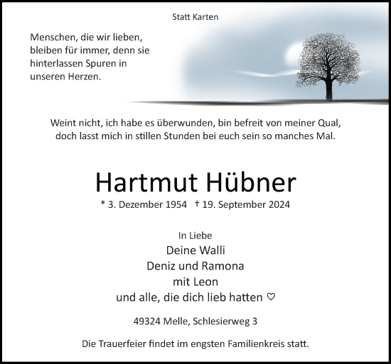 Traueranzeige von Hartmut Hübner von Neue Osnabrücker Zeitung GmbH & Co. KG