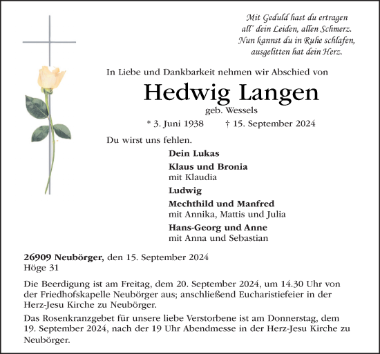 Traueranzeige von Hedwig Langen von Neue Osnabrücker Zeitung GmbH & Co. KG