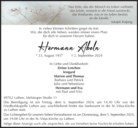 Traueranzeige von Heermann Abeln von Neue Osnabrücker Zeitung GmbH & Co. KG