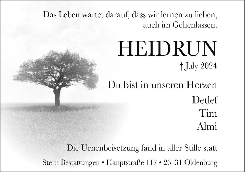  Traueranzeige für Heidrun  vom 07.09.2024 aus DK Medien GmbH & Co. KG