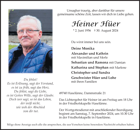 Traueranzeige von Heiner Hüer von Neue Osnabrücker Zeitung GmbH & Co. KG