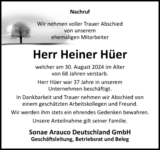 Traueranzeige von Heiner Hüer von Neue Osnabrücker Zeitung GmbH & Co. KG