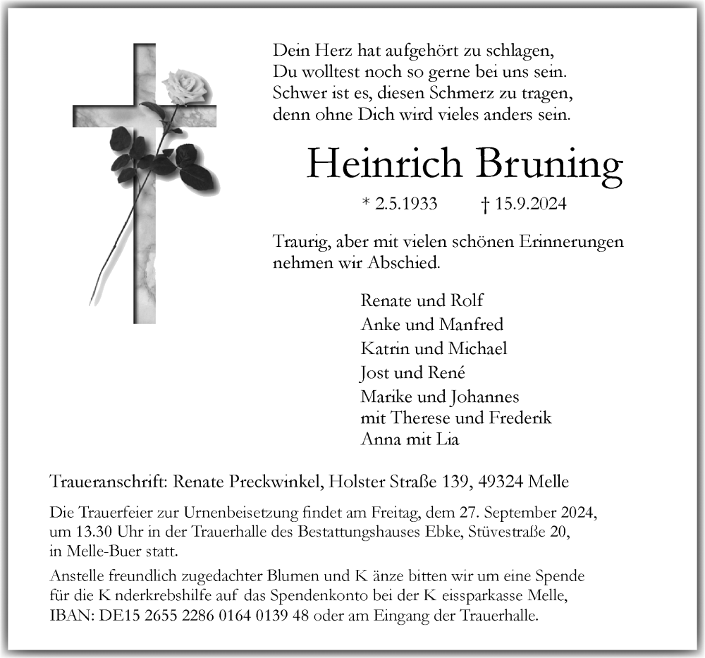  Traueranzeige für Heinrich Bruning vom 21.09.2024 aus Neue Osnabrücker Zeitung GmbH & Co. KG