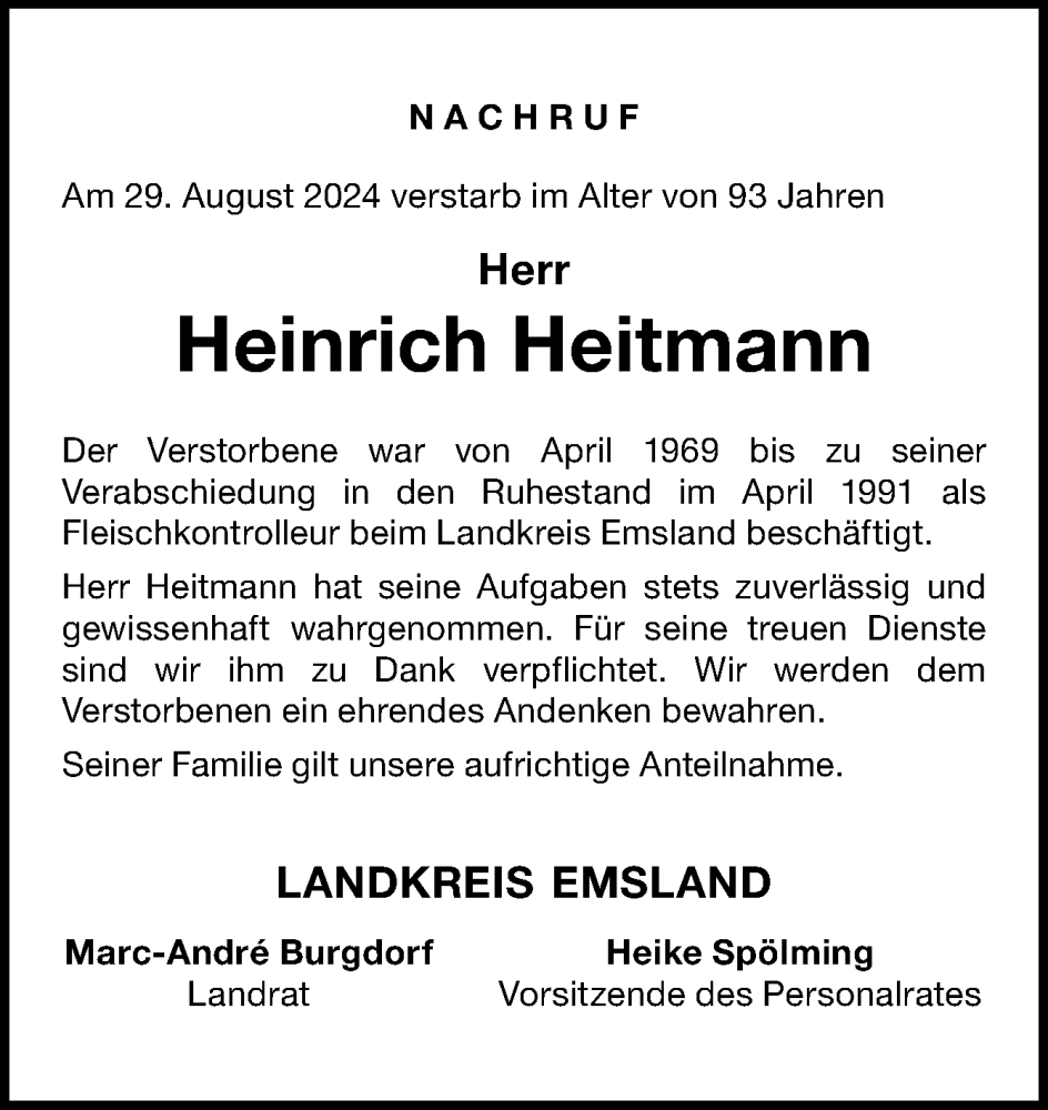  Traueranzeige für Heinrich Heitmann vom 07.09.2024 aus Neue Osnabrücker Zeitung GmbH & Co. KG