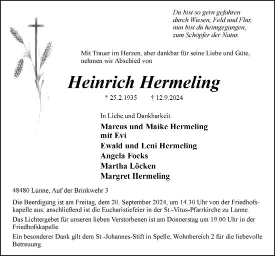 Traueranzeige von Heinrich Hermeling von Neue Osnabrücker Zeitung GmbH & Co. KG