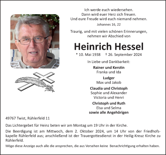 Traueranzeige von Heinrich Hessel von Neue Osnabrücker Zeitung GmbH & Co. KG