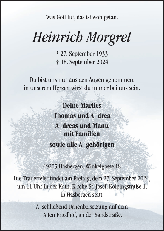 Traueranzeige von Heinrich Morgret von Neue Osnabrücker Zeitung GmbH & Co. KG